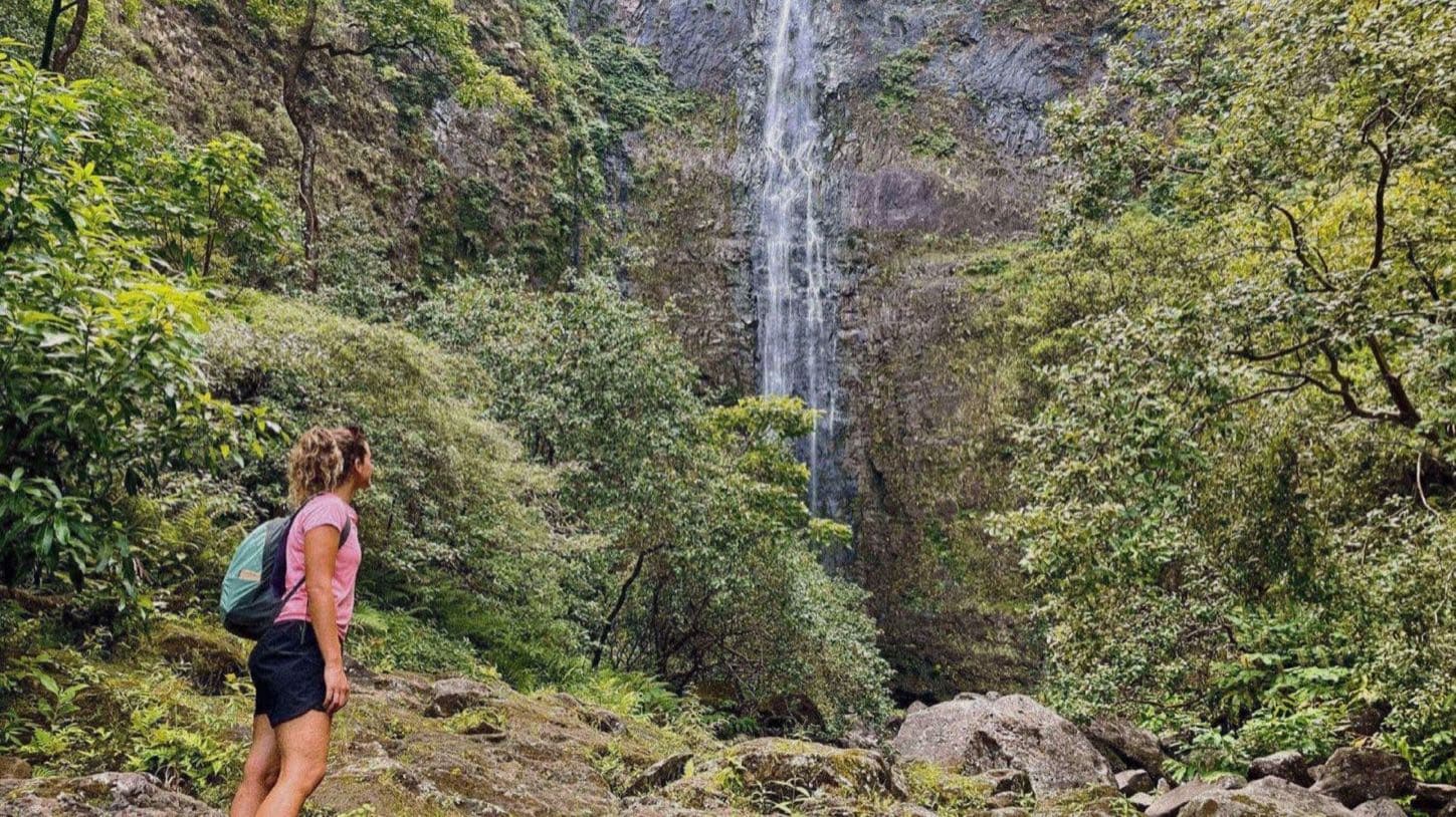 Hiker overlooking a waterfall in a lush valley